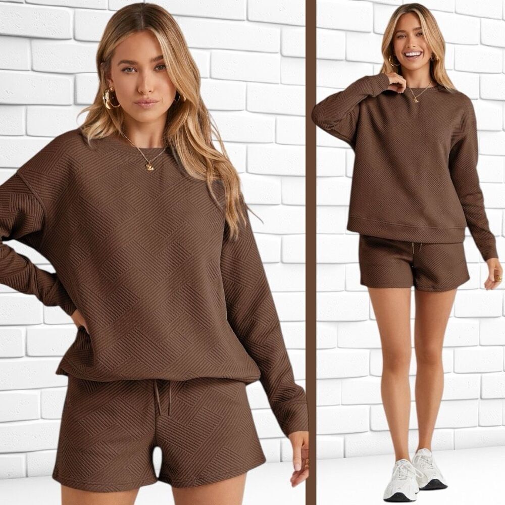 Boutique Brown Texture Long Sleeve Top and Shorts Lounge Set NWT - Picture 6 of 15